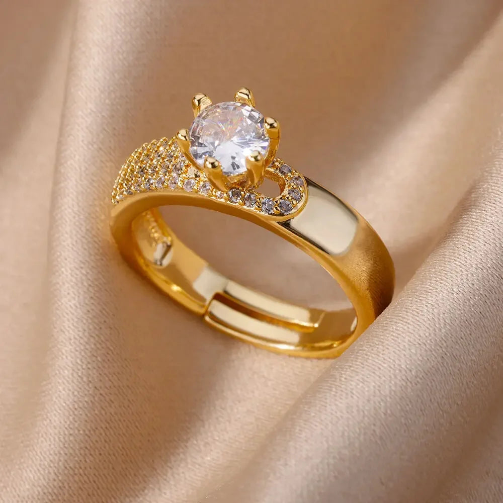 Gold Color Stainless Steel Ring for Women Colorful Cubic Zircon Heart Opening Adjustable Ring Fashion Jewelry Wedding Gift