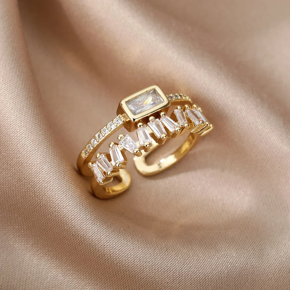 Gold Color Stainless Steel Ring for Women Colorful Cubic Zircon Heart Opening Adjustable Ring Fashion Jewelry Wedding Gift