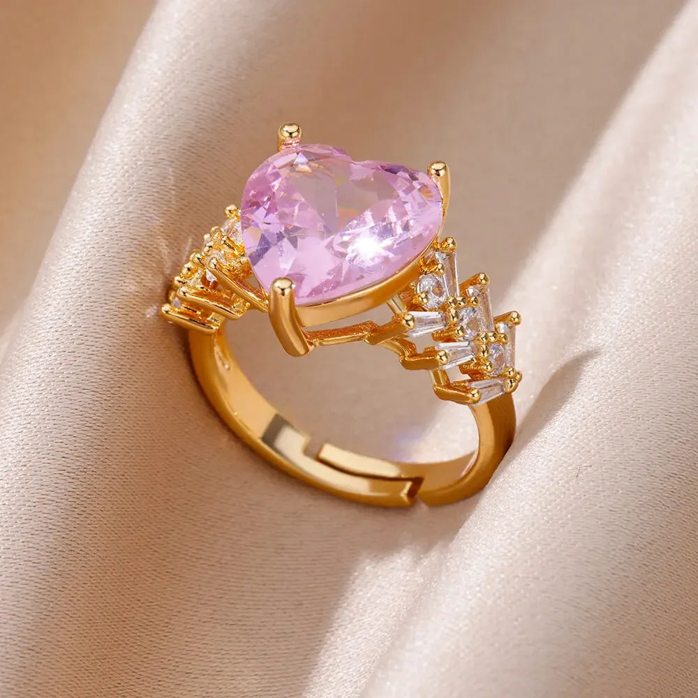 Gold Color Stainless Steel Ring for Women Colorful Cubic Zircon Heart Opening Adjustable Ring Fashion Jewelry Wedding Gift