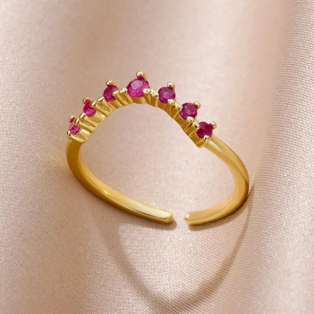 Gold Color Stainless Steel Ring for Women Colorful Cubic Zircon Heart Opening Adjustable Ring Fashion Jewelry Wedding Gift