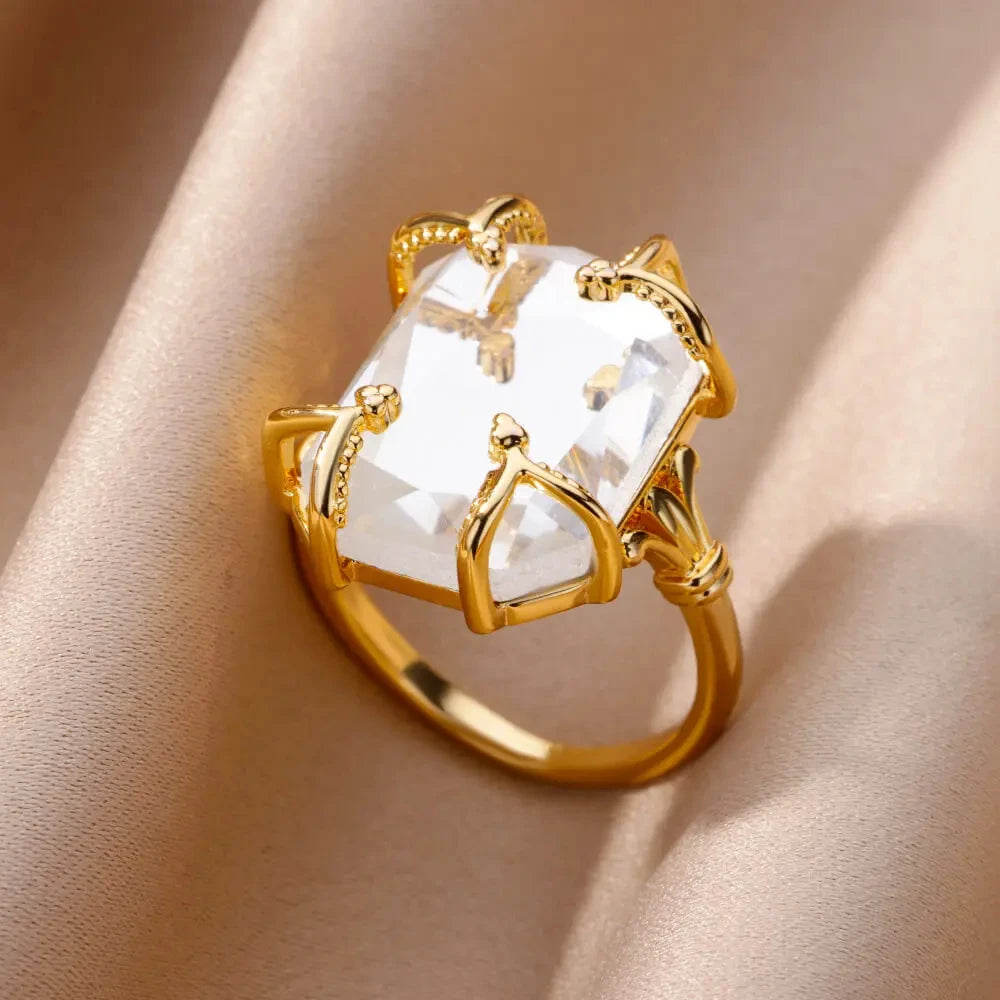 Gold Color Stainless Steel Ring for Women Colorful Cubic Zircon Heart Opening Adjustable Ring Fashion Jewelry Wedding Gift