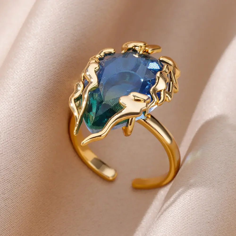 Gold Color Stainless Steel Ring for Women Colorful Cubic Zircon Heart Opening Adjustable Ring Fashion Jewelry Wedding Gift