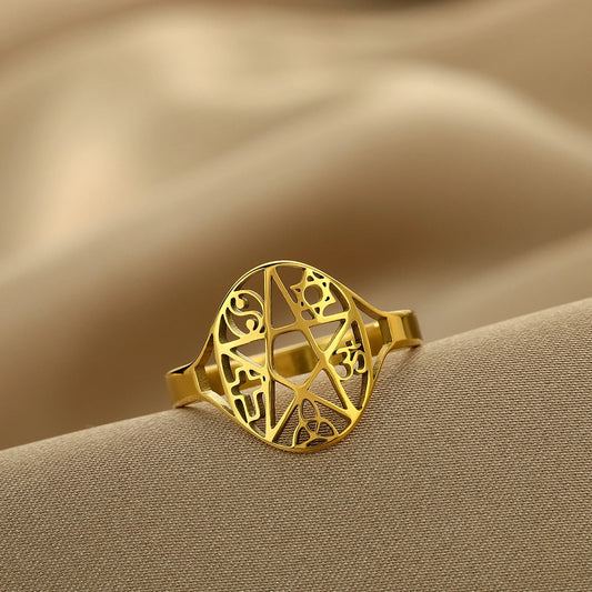 Stainless Steel Rings Spider Cross Witchknot Evil Eye Fatima Hand Star Amulet Open Leaf Puzzle Lotus Flower Moon Anillos Jewelry