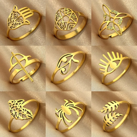 Stainless Steel Rings Spider Cross Witchknot Evil Eye Fatima Hand Star Amulet Open Leaf Puzzle Lotus Flower Moon Anillos Jewelry
