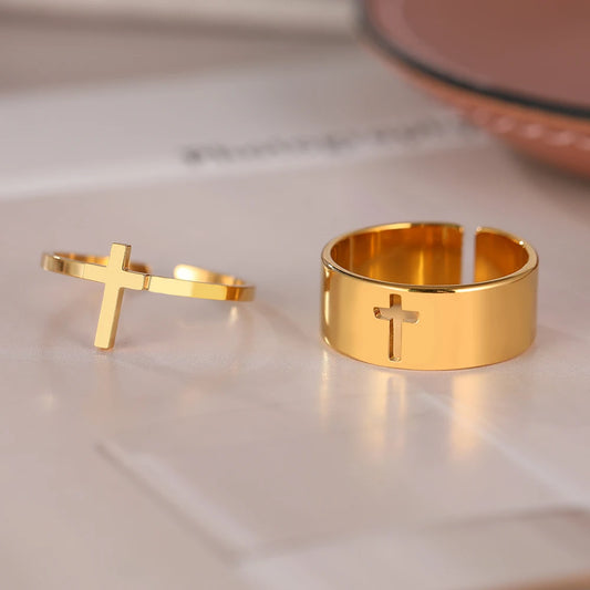 Stainless Steel Rings Gothic Hip Hop Cross Fashion Adjustable Couple Ring For Women Jewelry Wedding Punk Matching Gifts 2Pcs/set