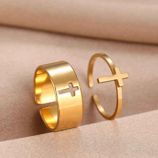 Stainless Steel Rings Gothic Hip Hop Cross Fashion Adjustable Couple Ring For Women Jewelry Wedding Punk Matching Gifts 2Pcs/set